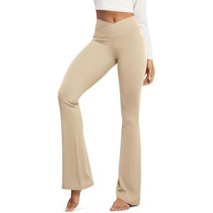 image:imageODODOS Cloud Feeling Crossover Flared Pants with Pockets for Women Cross Waist Bootcut Lounge Yoga Pants 30  32 InseamBeige