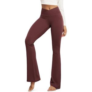 image:imageODODOS Cloud Feeling Crossover Flared Pants with Pockets for Women Cross Waist Bootcut Lounge Yoga Pants 30  32 InseamBurgundy