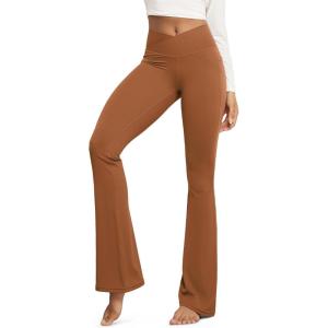 image:imageODODOS Cloud Feeling Crossover Flared Pants with Pockets for Women Cross Waist Bootcut Lounge Yoga Pants 30  32 InseamCaramel