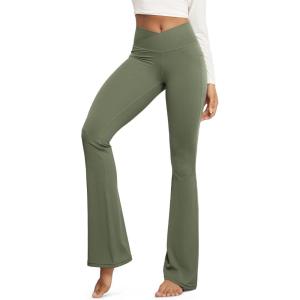 image:imageODODOS Cloud Feeling Crossover Flared Pants with Pockets for Women Cross Waist Bootcut Lounge Yoga Pants 30  32 InseamDark Olive