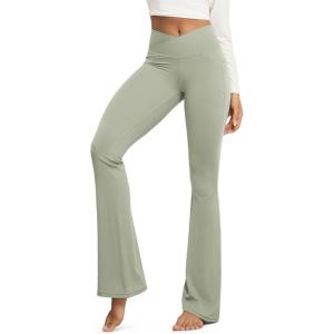 image:imageODODOS Cloud Feeling Crossover Flared Pants with Pockets for Women Cross Waist Bootcut Lounge Yoga Pants 30  32 InseamLime Stone