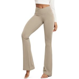 image:imageODODOS Cloud Feeling Crossover Flared Pants with Pockets for Women Cross Waist Bootcut Lounge Yoga Pants 30  32 InseamShaker Beige