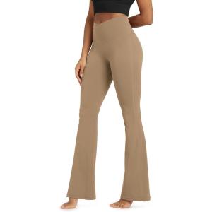 image:imageODODOS Cloud Feeling Crossover High Waist Flared Pants for Women Bootcut Yoga Pants with Back Pocket3032 InseamLight Brown