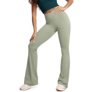 image:imageODODOS Cloud Feeling Crossover High Waist Flared Pants for Women Bootcut Yoga Pants with Back Pocket3032 InseamLime Stone