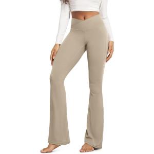 image:imageODODOS Cloud Feeling Crossover High Waist Flared Pants for Women Bootcut Yoga Pants with Back Pocket3032 InseamShaker Beige