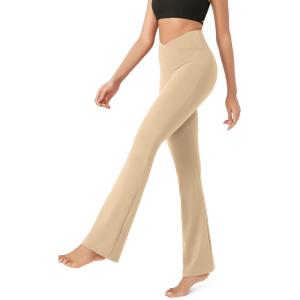 image:imageODODOS Womens Cross Waist Bootcut Yoga Pants with Inner Pocket Non See Through Bootleg Gym Workout PantsBeige