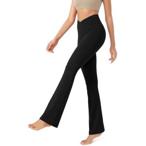 image:imageODODOS Womens Cross Waist Bootcut Yoga Pants with Inner Pocket Non See Through Bootleg Gym Workout PantsBlack