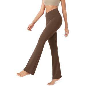 image:imageODODOS Womens Cross Waist Bootcut Yoga Pants with Inner Pocket Non See Through Bootleg Gym Workout PantsBrunette