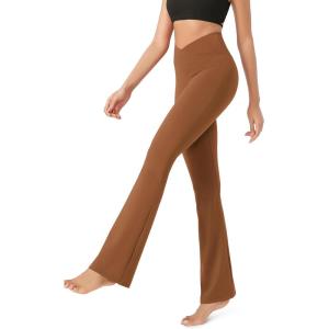 image:imageODODOS Womens Cross Waist Bootcut Yoga Pants with Inner Pocket Non See Through Bootleg Gym Workout PantsCaramel