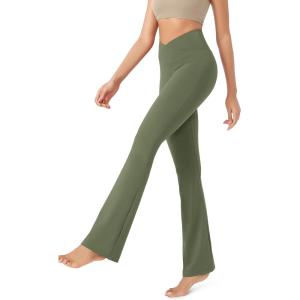 image:imageODODOS Womens Cross Waist Bootcut Yoga Pants with Inner Pocket Non See Through Bootleg Gym Workout PantsDark Olive