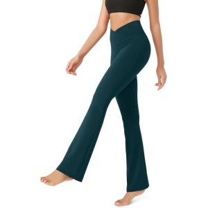 image:imageODODOS Womens Cross Waist Bootcut Yoga Pants with Inner Pocket Non See Through Bootleg Gym Workout PantsForest Teal