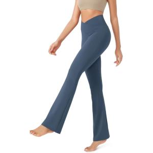 image:imageODODOS Womens Cross Waist Bootcut Yoga Pants with Inner Pocket Non See Through Bootleg Gym Workout PantsInk Blue