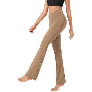 image:imageODODOS Womens Cross Waist Bootcut Yoga Pants with Inner Pocket Non See Through Bootleg Gym Workout PantsLight Brown