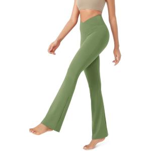 image:imageODODOS Womens Cross Waist Bootcut Yoga Pants with Inner Pocket Non See Through Bootleg Gym Workout PantsLight Olive