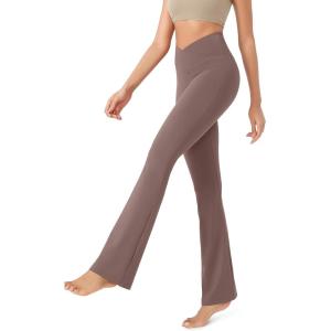 image:imageODODOS Womens Cross Waist Bootcut Yoga Pants with Inner Pocket Non See Through Bootleg Gym Workout PantsPurple Taupe
