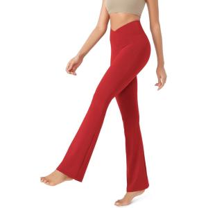 image:imageODODOS Womens Cross Waist Bootcut Yoga Pants with Inner Pocket Non See Through Bootleg Gym Workout PantsRed
