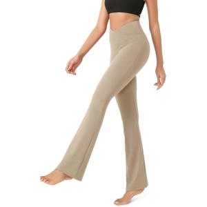 image:imageODODOS Womens Cross Waist Bootcut Yoga Pants with Inner Pocket Non See Through Bootleg Gym Workout PantsShaker Beige