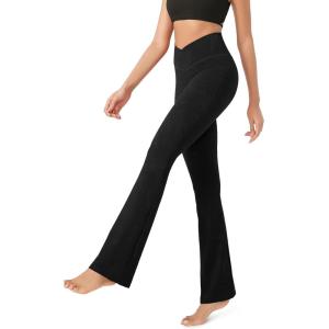image:imageODODOS Womens Cross Waist Bootcut Yoga Pants with Inner Pocket Non See Through Bootleg Gym Workout PantsWave Black