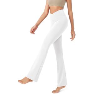 image:imageODODOS Womens Cross Waist Bootcut Yoga Pants with Inner Pocket Non See Through Bootleg Gym Workout PantsWhite