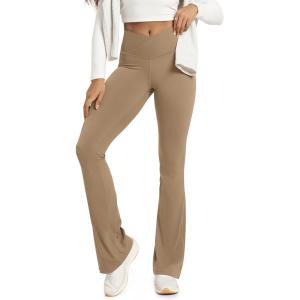 image:imageODODOS Womens Crossover Flared Yoga Pants Cloud Feeling Soft High Waist Bootcut Leggings with Back Pocket 30  32 InseamLight Brown