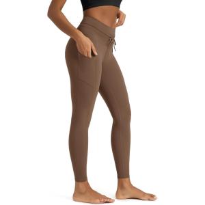 image:imageODODOS Womens Drawstring Tie Pocket Leggings 25  28 High Waist Workout Yoga PantsBrunette