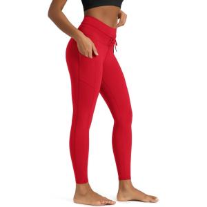 image:imageODODOS Womens Drawstring Tie Pocket Leggings 25  28 High Waist Workout Yoga PantsRed
