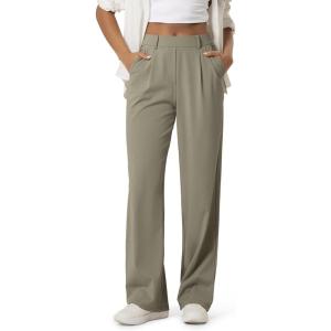 image:imageODODOS Womens HighRise Wide Leg Trousers Adjustable Tailored Stretch Work Pants with Pockets 29 InseamDesert Taupe