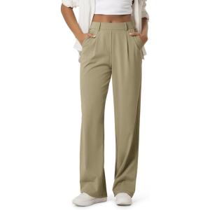 image:imageODODOS Womens HighRise Wide Leg Trousers Adjustable Tailored Stretch Work Pants with Pockets 29 InseamSheer Oak