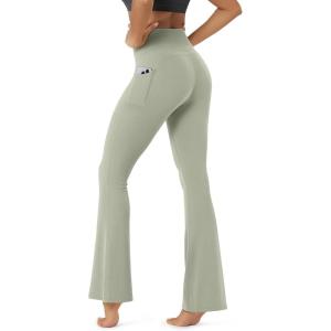 image:imageODODOS Cloud Feeling Flared Pants with Pocket for Women High Waist Casual Bootcut Yoga Pants 3032 InseamLime Stone