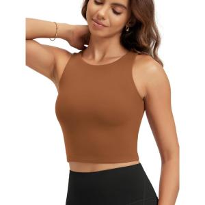 image:imageODODOS Double Layer High Neck Crop Tank for Women Cloud Feeling Sleeveless Casual Yoga Cropped TopsCaramel