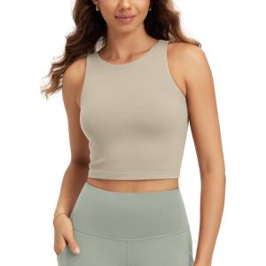 image:imageODODOS Double Layer High Neck Crop Tank for Women Cloud Feeling Sleeveless Casual Yoga Cropped TopsDark Beige