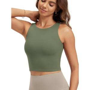 image:imageODODOS Double Layer High Neck Crop Tank for Women Cloud Feeling Sleeveless Casual Yoga Cropped TopsDark Olive