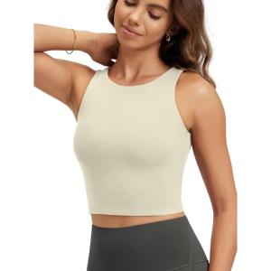 image:imageODODOS Double Layer High Neck Crop Tank for Women Cloud Feeling Sleeveless Casual Yoga Cropped TopsOat Milk