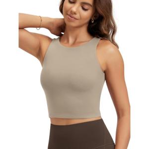 image:imageODODOS Double Layer High Neck Crop Tank for Women Cloud Feeling Sleeveless Casual Yoga Cropped TopsShaker Beige