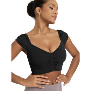 image:imageODODOS Ruched Front Crop Tank for Women VNeck Cut Out Back Cap Sleeve Cropped TopsBlack