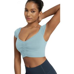 image:imageODODOS Ruched Front Crop Tank for Women VNeck Cut Out Back Cap Sleeve Cropped TopsChambray