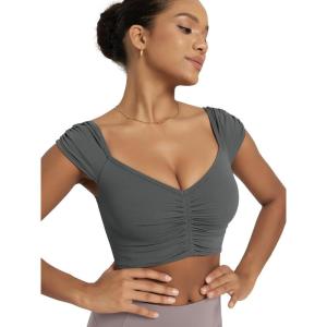 image:imageODODOS Ruched Front Crop Tank for Women VNeck Cut Out Back Cap Sleeve Cropped TopsCharcoal