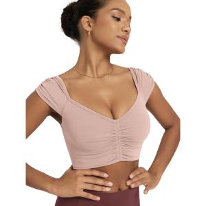 image:imageODODOS Ruched Front Crop Tank for Women VNeck Cut Out Back Cap Sleeve Cropped TopsDusty Pink
