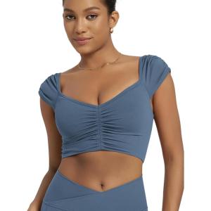 image:imageODODOS Ruched Front Crop Tank for Women VNeck Cut Out Back Cap Sleeve Cropped TopsInk Blue