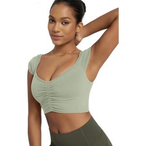 image:imageODODOS Ruched Front Crop Tank for Women VNeck Cut Out Back Cap Sleeve Cropped TopsLime Stone