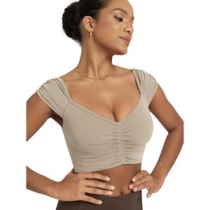 image:imageODODOS Ruched Front Crop Tank for Women VNeck Cut Out Back Cap Sleeve Cropped TopsShaker Beige