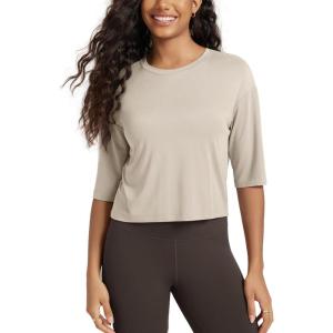image:imageODODOS Womens Cropped TShirt  Ultra Soft Short Sleeve Top Crew Neck Relaxed Fit Casual Tee for Everyday WearBeige