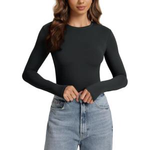 image:imageODODOS Womens Double Layer Long Sleeve TShirts UltraSoft Lightweight Basic Tee Crew Neck Slim Fit TopBlack