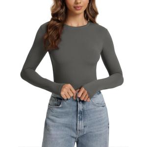 image:imageODODOS Womens Double Layer Long Sleeve TShirts UltraSoft Lightweight Basic Tee Crew Neck Slim Fit TopCharcoal
