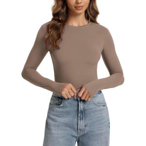 image:imageODODOS Womens Double Layer Long Sleeve TShirts UltraSoft Lightweight Basic Tee Crew Neck Slim Fit TopChocolate Malt