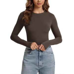 image:imageODODOS Womens Double Layer Long Sleeve TShirts UltraSoft Lightweight Basic Tee Crew Neck Slim Fit TopCoffee