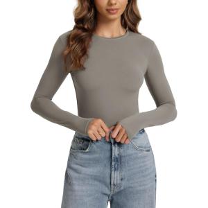 image:imageODODOS Womens Double Layer Long Sleeve TShirts UltraSoft Lightweight Basic Tee Crew Neck Slim Fit TopDesert Taupe