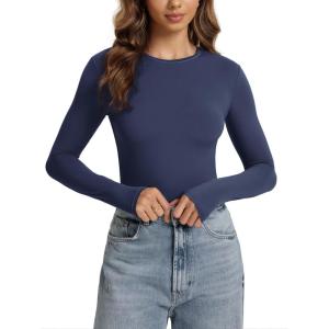 image:imageODODOS Womens Double Layer Long Sleeve TShirts UltraSoft Lightweight Basic Tee Crew Neck Slim Fit TopNavy