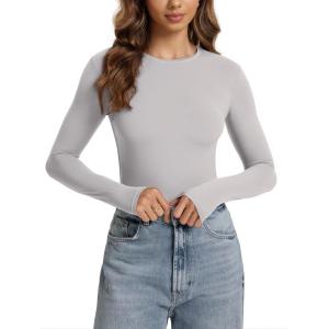 image:imageODODOS Womens Double Layer Long Sleeve TShirts UltraSoft Lightweight Basic Tee Crew Neck Slim Fit TopOpal Gray