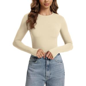 image:imageODODOS Womens Double Layer Long Sleeve TShirts UltraSoft Lightweight Basic Tee Crew Neck Slim Fit TopWheat